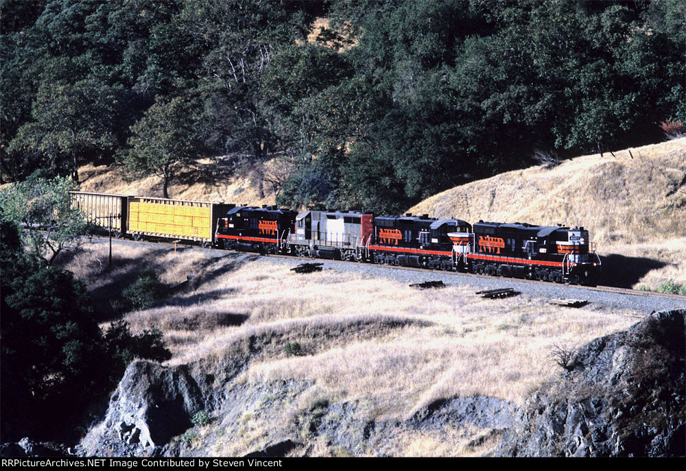 NWP freight along the Russian River with #4327. 5305, 6595. 3844.